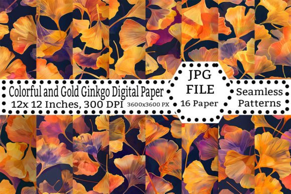 Colorful and Gold Ginkgo Digital Paper