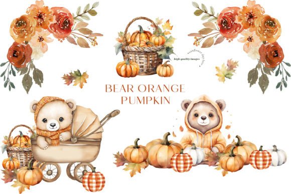 Fall Cute Bear Rustic Pumpkin Clipart