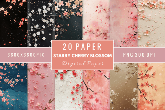 Starry Cherry Blossom Digital Paper Bund