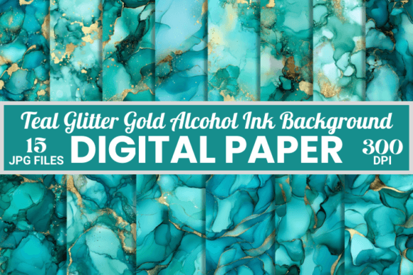 Teal Glitter Gold Alcohol Ink Background