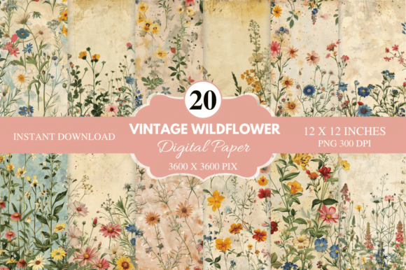 Vintage Wildflower Digital Paper Bundle