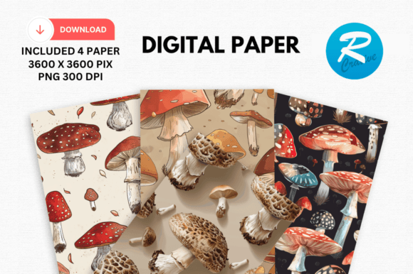 Watercolor Mushroom Digital Paper Pattern